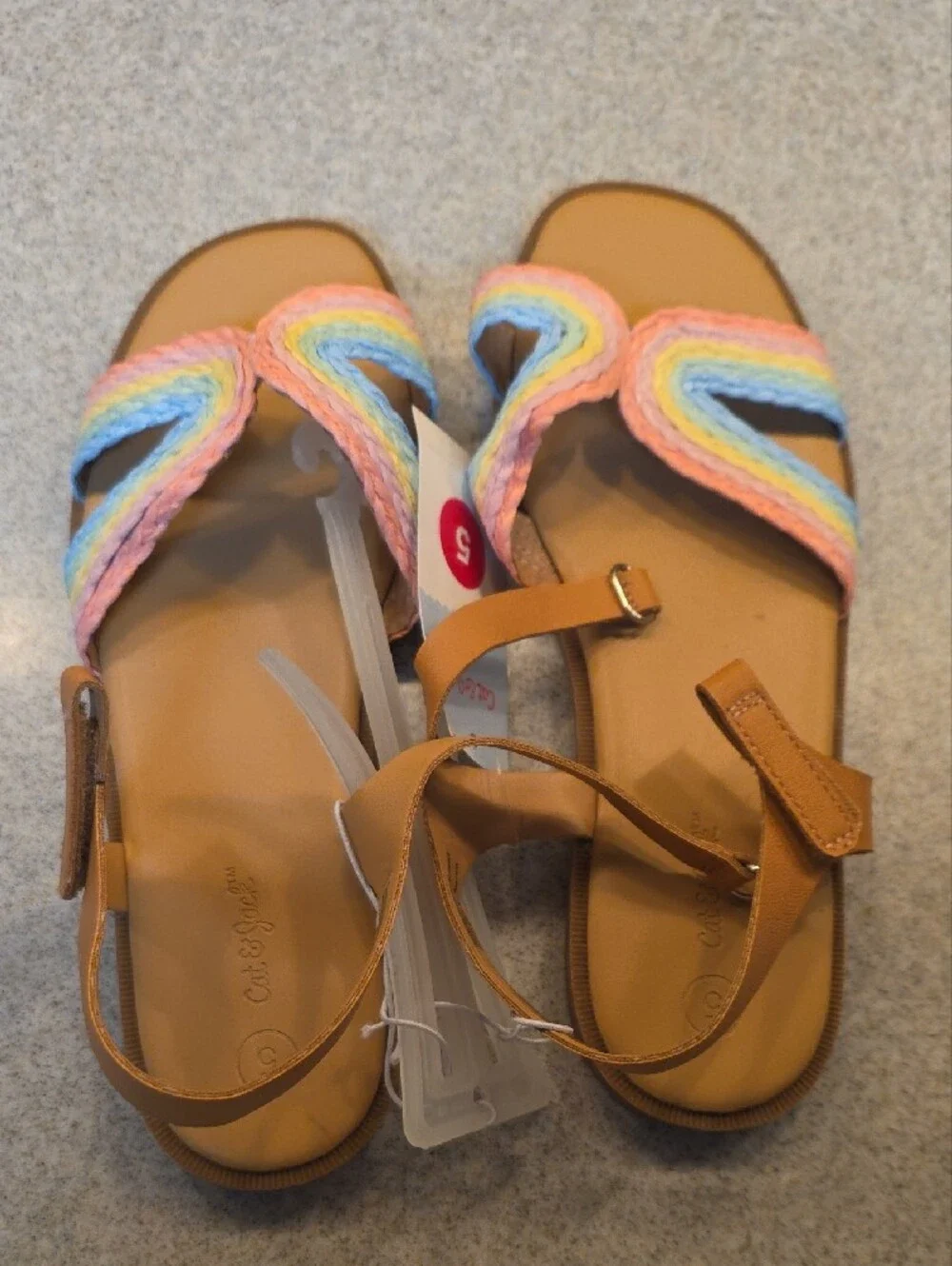 Cat & Jack Tan Sandals with Pastel Rainbow Braided Straps